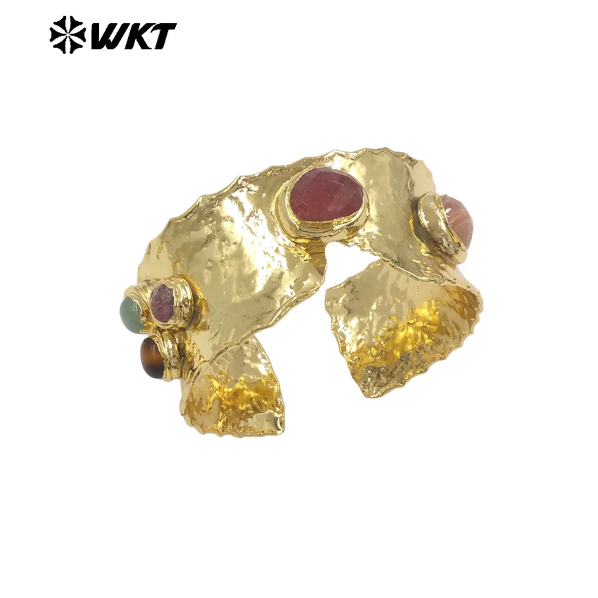 WT-B718 Gorgeous Exclusive Gold Plated V Shape Yellow Brass With Multiple Gemstones Bangles As Women Vintage Style Jewelry