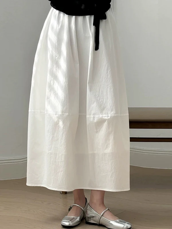 

High Waist A-Line Midi Skirt Women's White Elastic Waist Slimming Casual Summer Vintage Sle Commute Pure Color Skirt