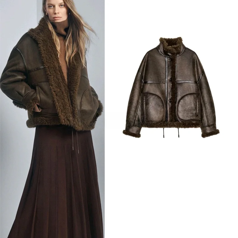 Zimowa Nowa Damska Długa Kurtka z Wysokim Kołnierzem Dwustronna Kurtka Pilotka Odzież Wierzchnia Włókno Poliestrowe 100% Zapinana na Guziki