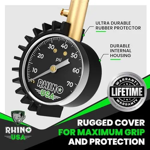 

Rhino USA Heavy Duty Tire Gauge 0-75 PSI – ANSI Certified, Glow Dial, Brass Hardware – Fits Car, Truck, RV