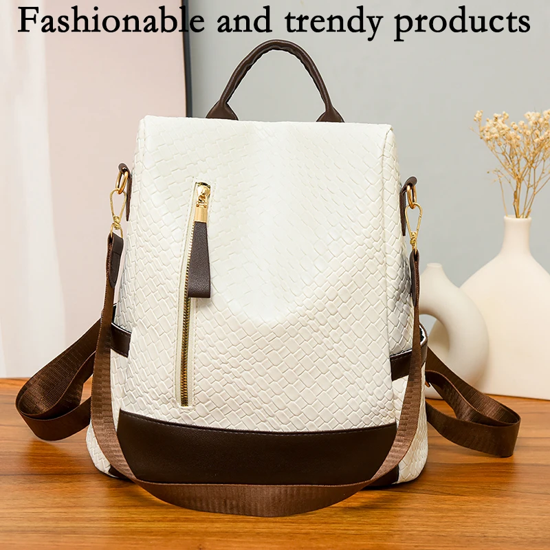 New Women's Anti-Theft Backpack For Spring Large Capacity Soft Leather Travel Backpack Woven Pattern Street Trend Shoulder Bag