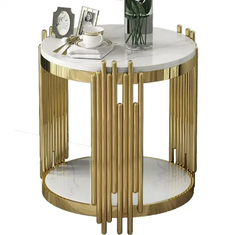 

Легкий роскошный стильный центральный обеденный стол для гостиной, круглый журнальный столик, журнальный столик из каменной стали с двойной столешницей mesa