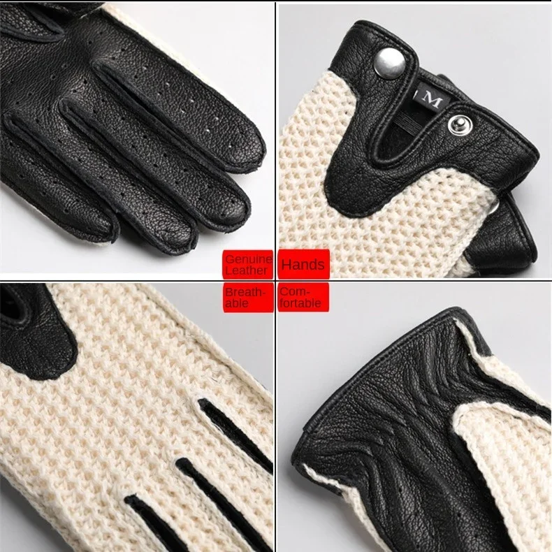 Retro Motorcycle Gloves for Men and Women Sheepskin Locomotive Drivers Driving Knitted Mesh Touch Screen Leather Breathab