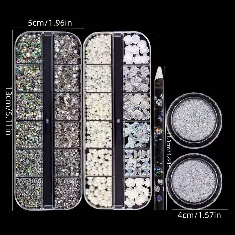 4 cajas de juegos de decoración de uñas, diamantes de imitación de parte posterior plana de color transparente y Ab, accesorios para uñas de mariposa y flor de perla acrílica, accesorios pequeños para uñas con diamantes de imitación