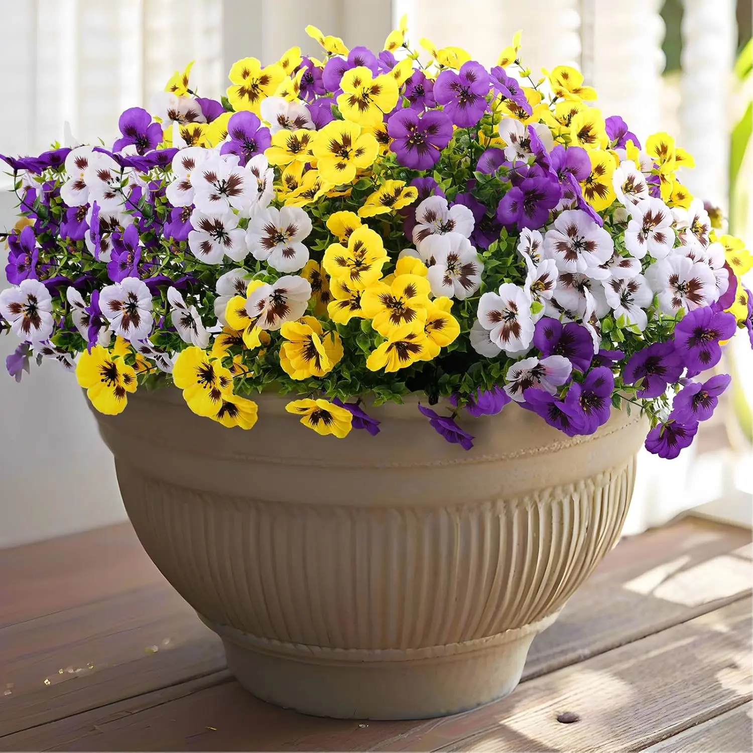 

18 Pcs Artificial Silk Pansy Flowers for Outdoor Planter, Porch, Yard Decor in Purple Yellow White