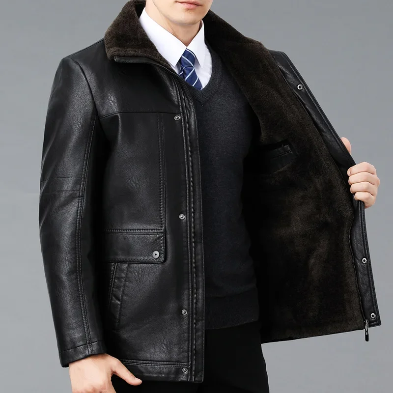 2023 New Men Fur Integrated Lapel Leather Jacket Winter Fleece-Lined Thicken Sheepskin Casual Leather Clothing Loose Dad Outcoat