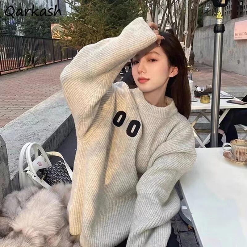 

Chic Embroidery O-neck Knitted Pullovers Women Fashion Solid Simple Loose Leisure Girls Young Sweet All-match Soft Knitwear Ins