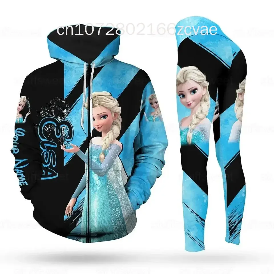 2024 New Disney Frozen Elsa Princess Women\'s Hoodie and Leggings Set Suit Elsa Yoga Pants Sweatpants Fashion Sports Suit