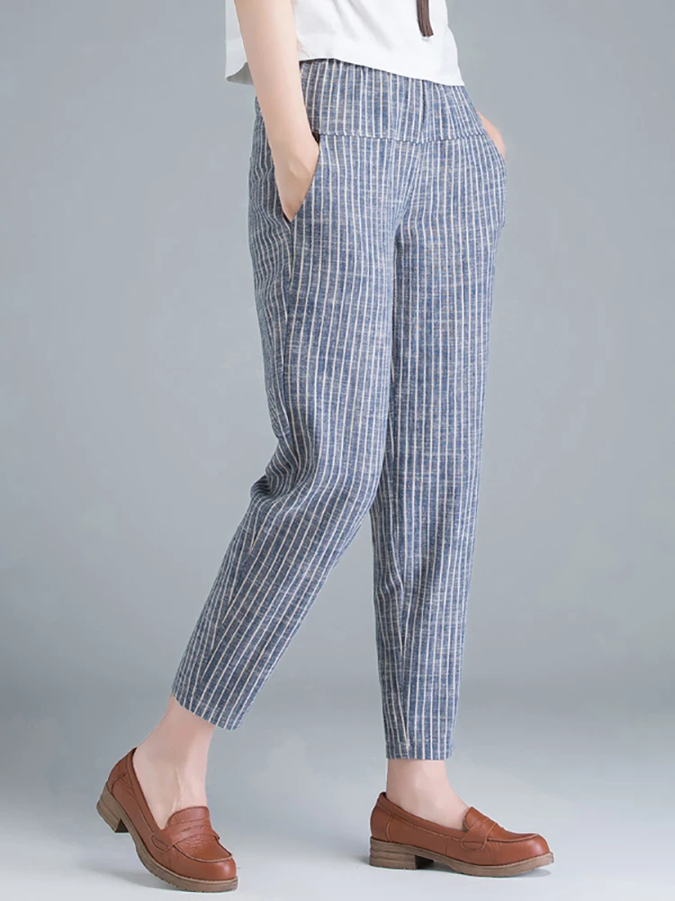 

plus Size Women's Patchwork Cotton Linen Striped Harem Pants Loose Fit High Waist Seven Quarter Length Pear aped Body pe