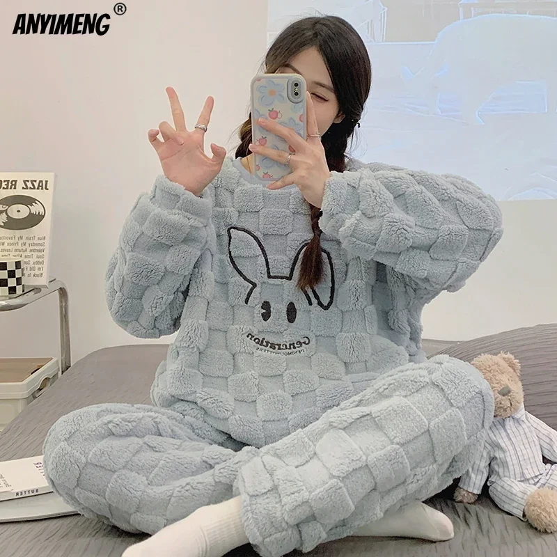 Female Thermal Homewear HQ Winter Women Pajamas Set Pullover Thick Chinese Velvet Sleepwear Teddy Loungewear Korean Girl Pijamas