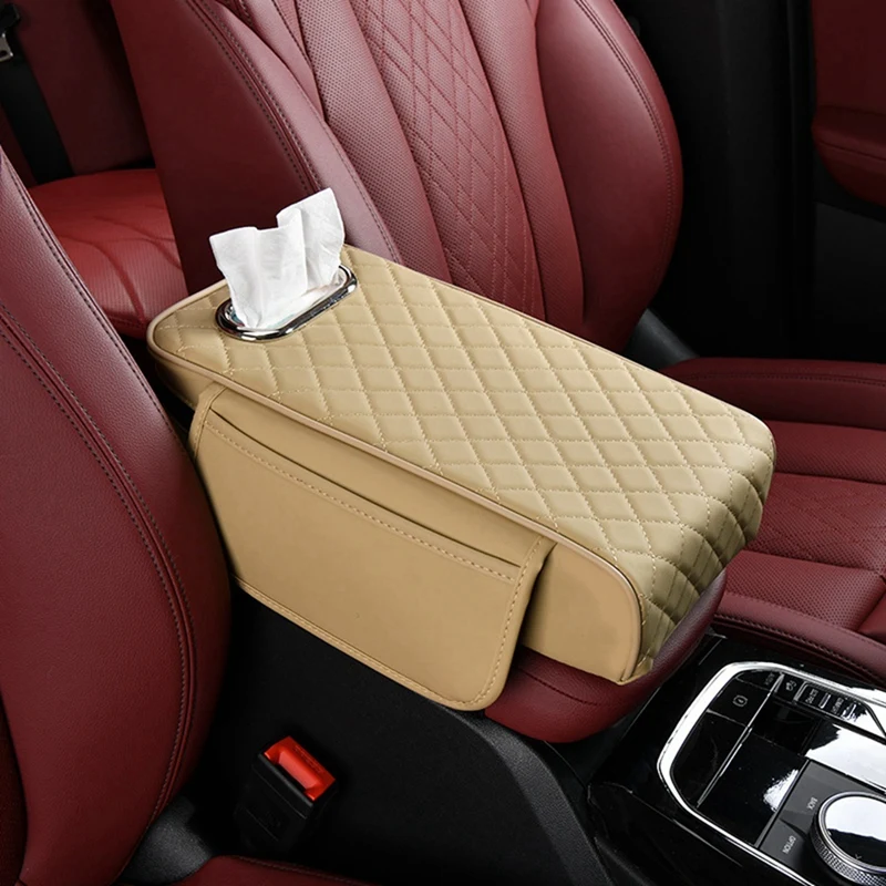 Car Armrest Cover PU Leather With Tissue Storage Memory Foam Height Pad Auto Center Armrest Protective Cushion Support