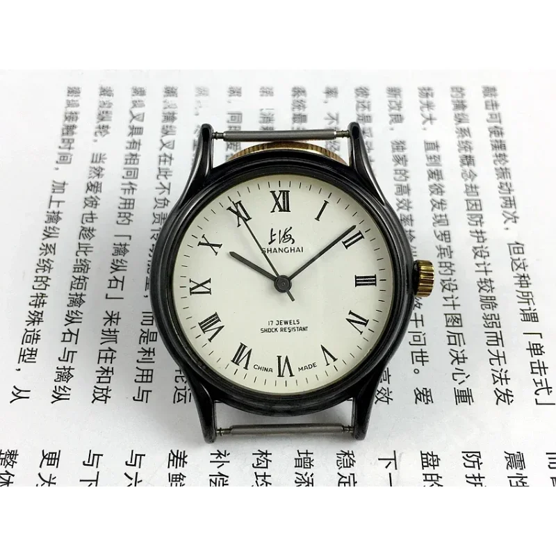 

Original Shanghai brand 17 diamond black case Roman white face manual mechanical diameter 37mm watch strap
