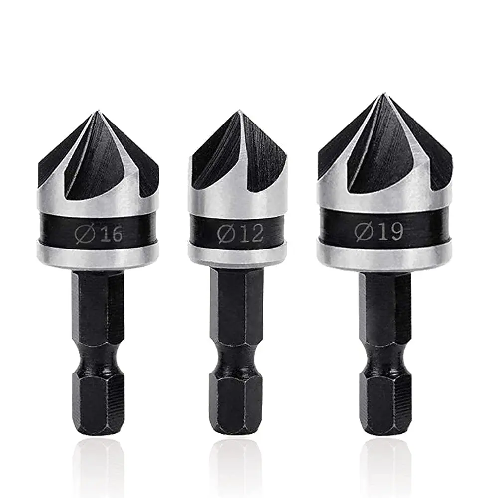 3Pcs Countersink Chamfer Drill Bit Set 5 Flute 90 Degree Chamfering Countersink Bits with 1/4Inch Hex Shank 12mm 16mm 19mm