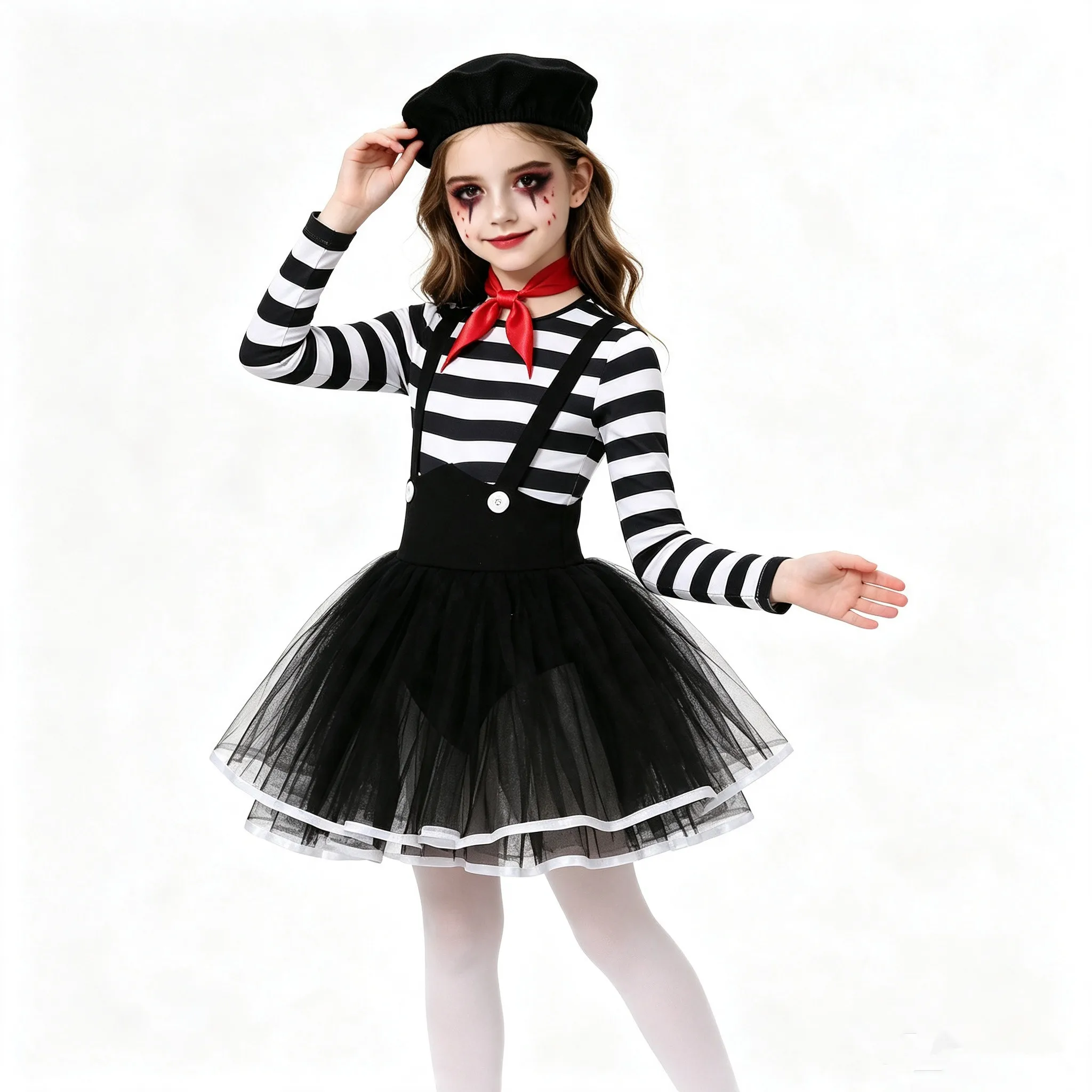 Girls Halloween Carnival Party Circus Wicked Clown Role Play Costume Long Sleeve Mesh Tutu Jester Dress with Neck Scarf Beret