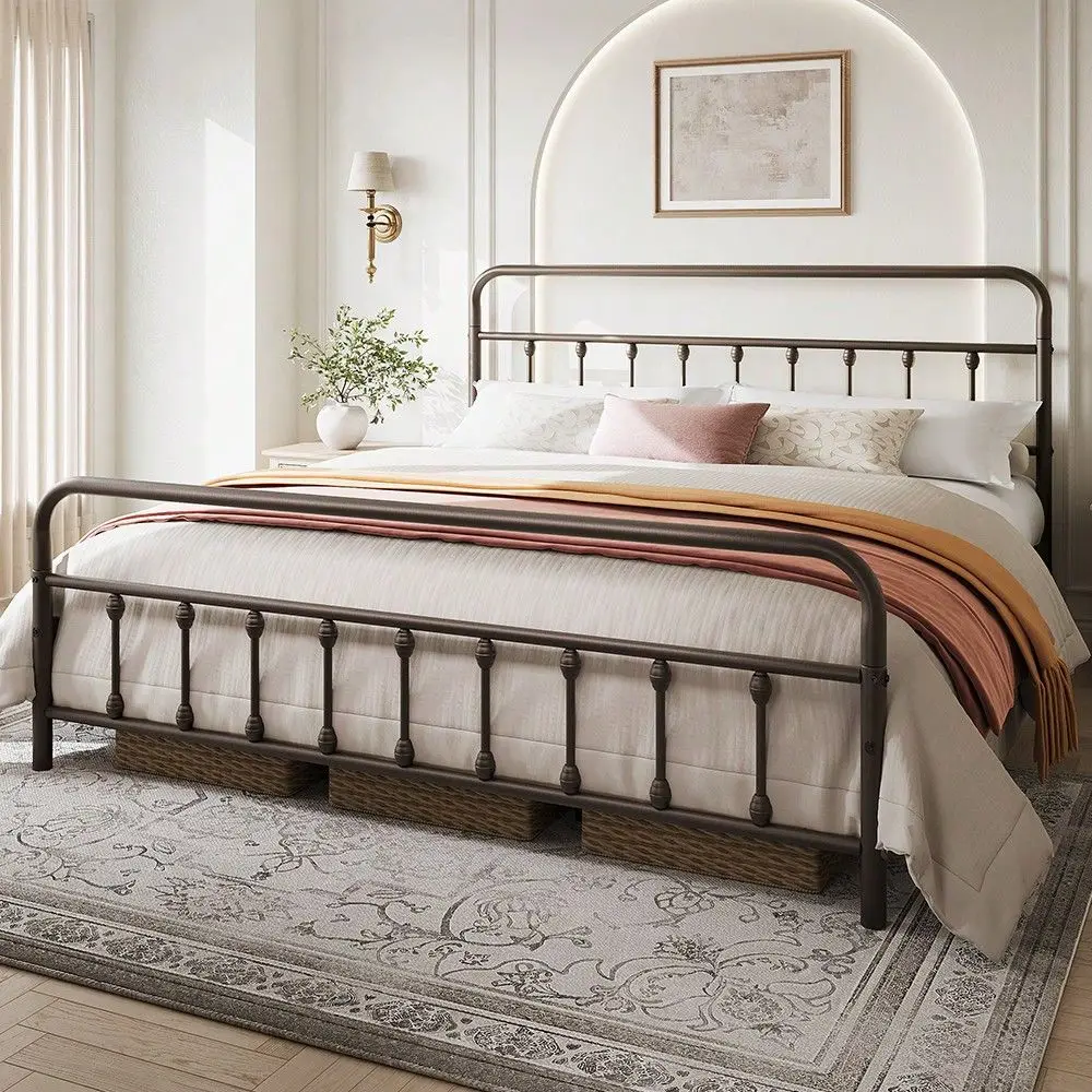 Vintage Industrial Metal Platform Bed Frame 12 Iron Slats Support, 12.6 Underbed Storage High Headboard Footboard, No Box Sprin