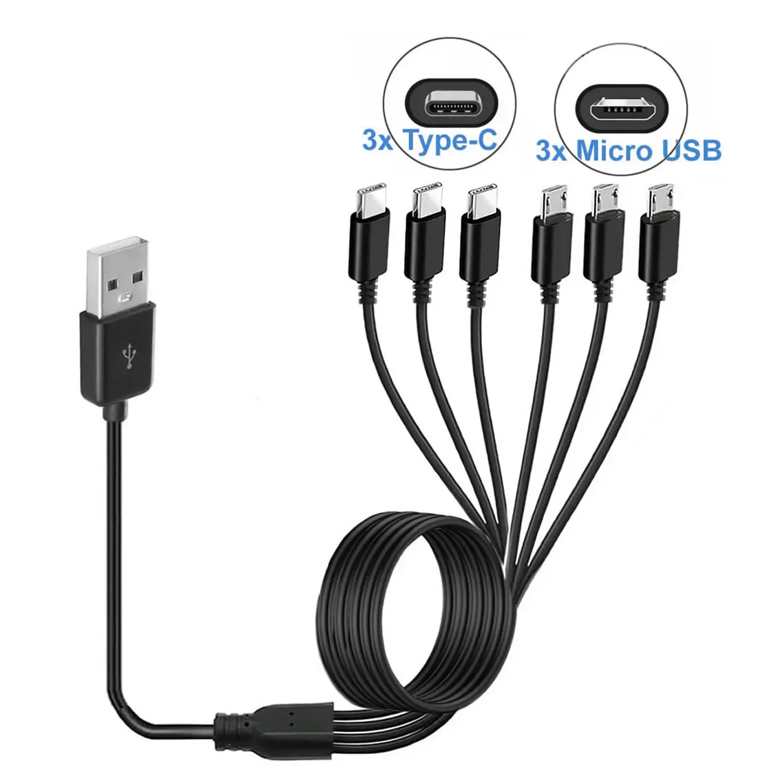 6 In 1 Micro USB/Type C Splitter Cable 3 in 1 USB to Micro USB/Type C Charing Cable For iPhone15 Android Samsung Tablet and More