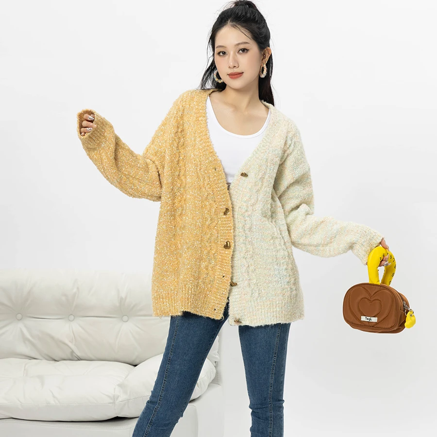 Korean Style Autumn Winter Women Girl Casual Spliced Contrast Color Sweater Coat Colourful Fashion Design Loose Knitted Cardigan