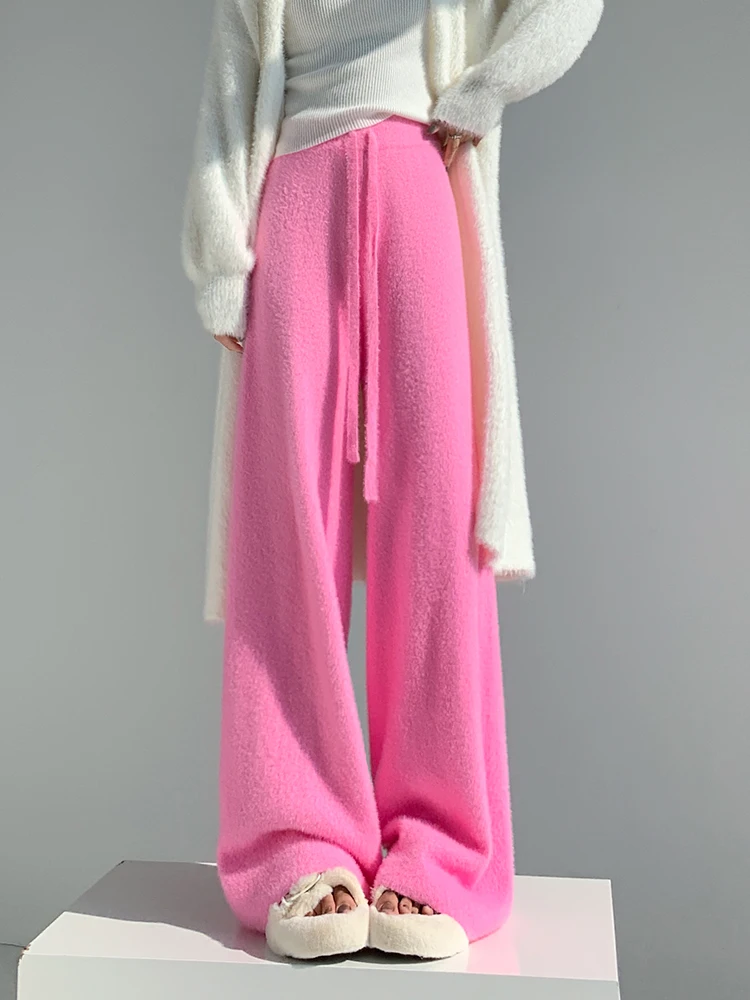 Women's Mink Knit Pants Fall Winter Thick Wide Leg Elastic Waist Casual Pink Trousers Soft Loose High Waist Pants Y2K Korean