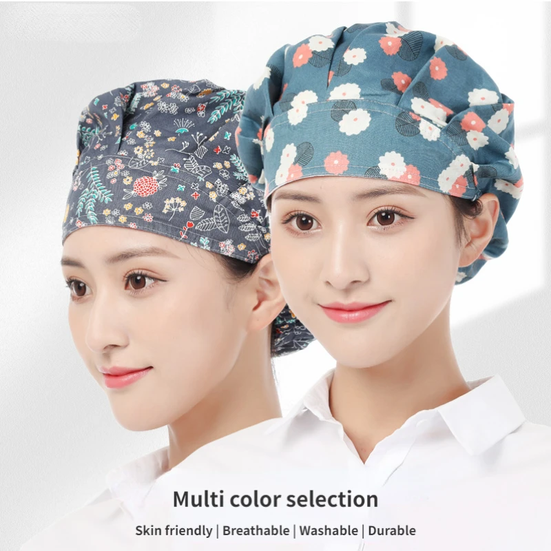 Floral Soft Hat Printing Nurse Sweat-absorbent Head Wrap Towel Surgical Anti-Dirty Pure Cotton Cap with Button Scrub Cap