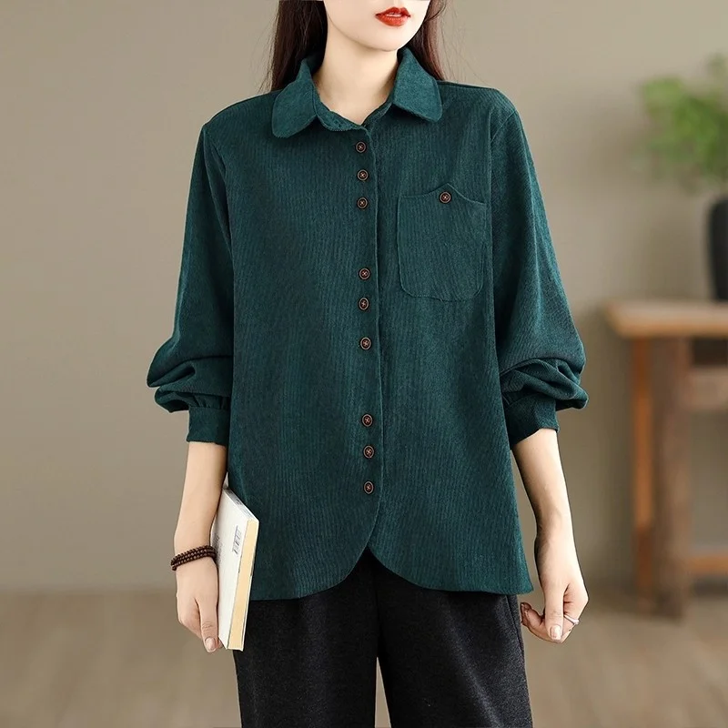 Corduroy Shirt Jacket For Women 2025 Simple Lapel Single Breasted Casual Loose Versatile Design Trendy Top w787 2
