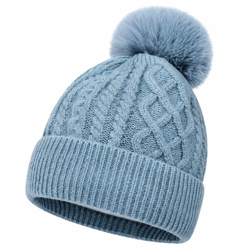 3PCS with Pom Pom Knit Hat Scarf Gloves Set Thickened Warm Soft Cozy Neck Warmer Scarf Coldproof Windproof Ribbed Beanie Women