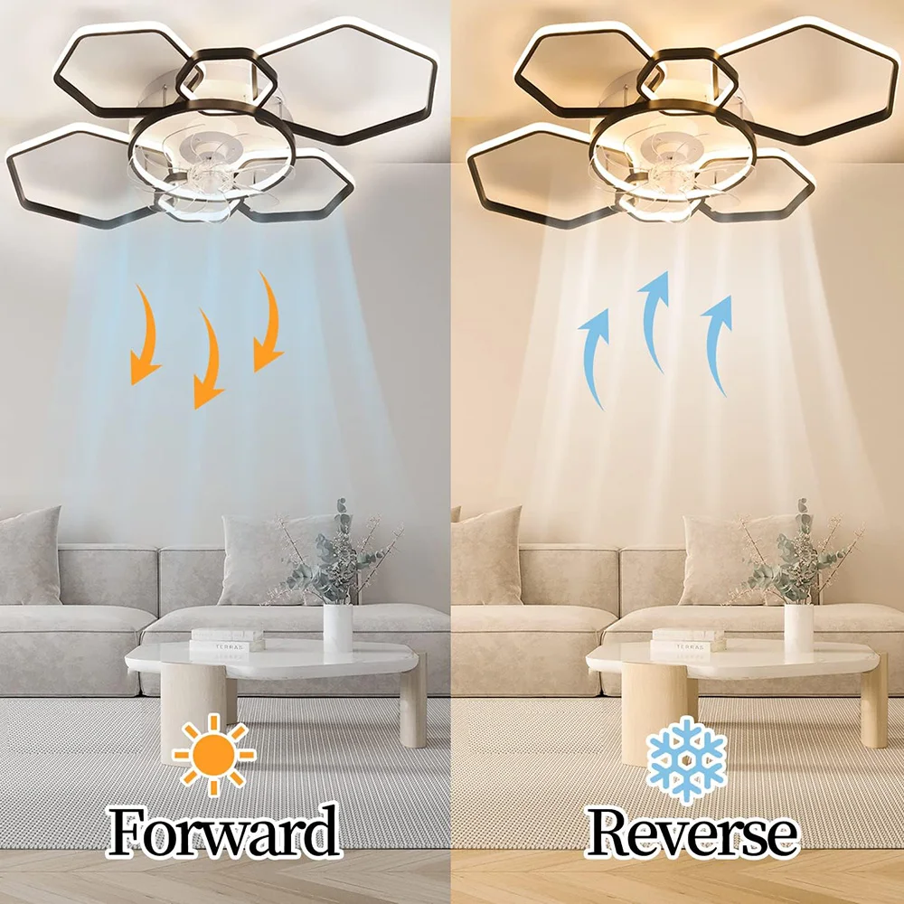 KOMORE Geometrical Ceiling Mount LED Fan Light with Remote Control 6 Speeds 60W Reversible Motor for Office, Living Room