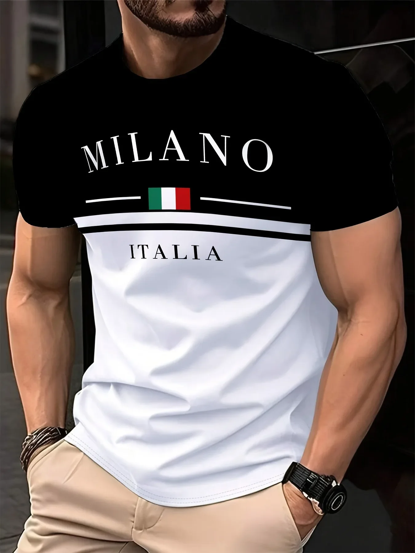 Italian Milan 3D Printed Lettering Short-Sleeved Casual Men's T-Shirt O-shaped Collar Design Street Style Men's T-Shirt