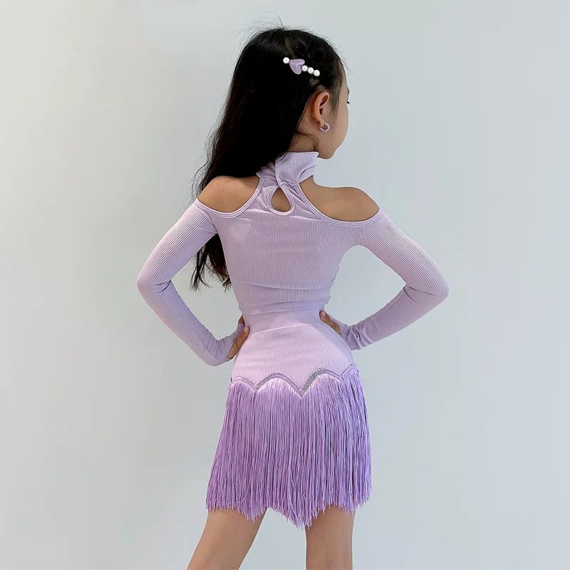 Kids Children Latin Dance Clothes 2025 Off Shoulder Purple Performance Suit Long Sleeve Bodysuit Fringe Skirt Girls Latin Outfit