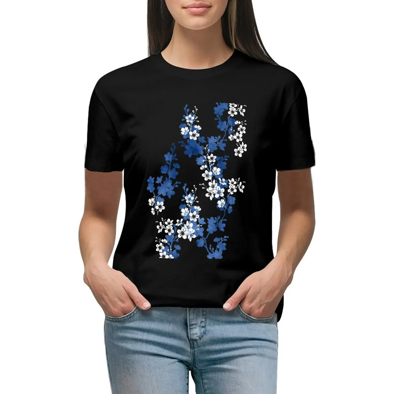 

Sakura blossom in deep blue T-Shirt plus sizes Blouse summer top animal prinfor Women's tee shirt
