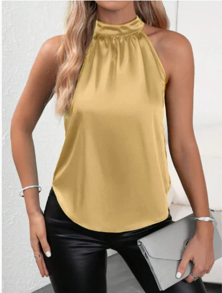 

2026 New Fashionable Backless Halter Vest Women Summer Sexy And Elegant Solid Color Sleeveless Pleated T-shirt For Women