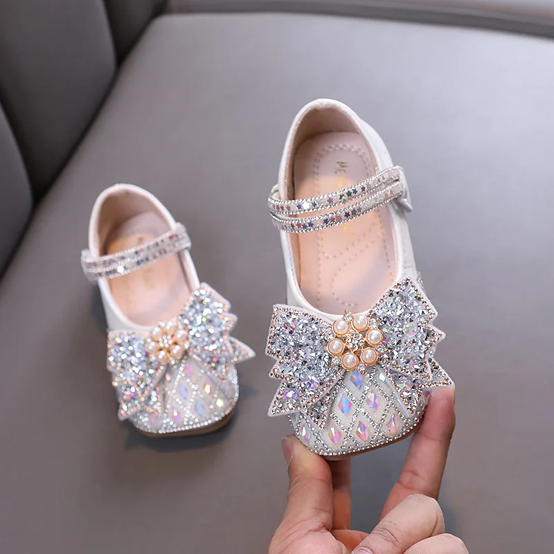 Girls Pearl Bowknot Leather Shoes Spring New Children\'s Crystal Wedding Shoes Fashion Baby Kids Performance Dance Shoes J316