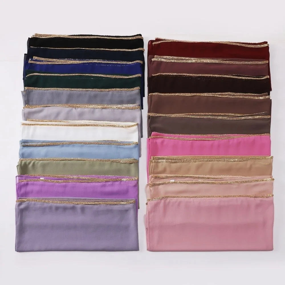 

Versatile Elegant Silk Scarf Diamond Border Design Long Sunscreen Shawl Shining Breathable Ramadan Headscarf Women Headwear