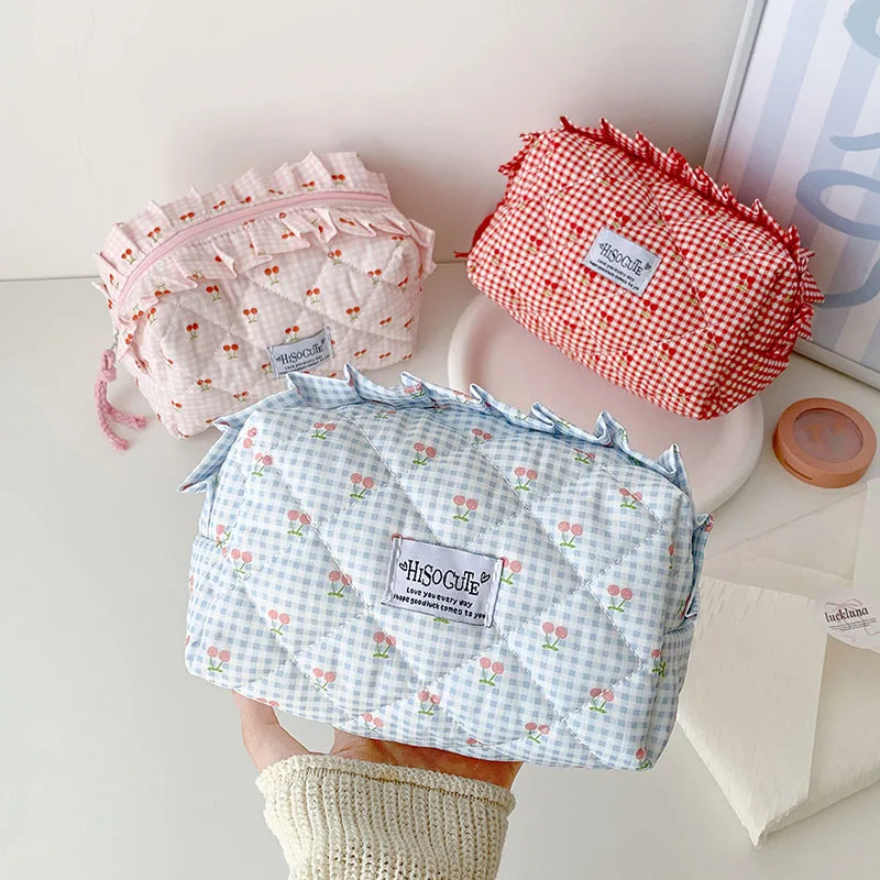 Ins Fresh Red Cherry Quilted Cosmetic Bag Fashion Small Large Toiletry Makeup Storage Bag Cute Lipstick Sanitary Napkin Case view 5