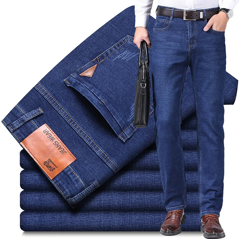 2025 nuevos pantalones vaqueros elásticos ajustados clásicos para hombre, pantalones de pierna recta de mezclilla informales de negocios, pantalones negros y azules para hombre, talla 28-40