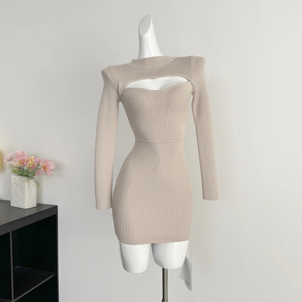 

Весна 2026: Новинка! Вязаное платье-халат с вырезами и длинными рукавами в корейском стиле для свиданий. Модная женская одежда.