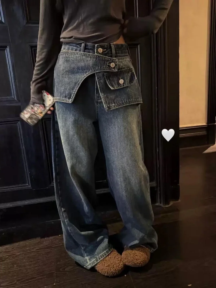

High Waist Wide Leg Jeans Women's Loose Fit Floor Length Skirt Panel Denim Pants Asymmetrical Casual Style Autumn Season