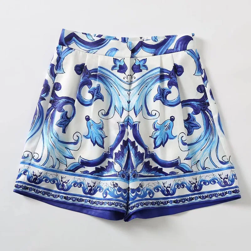 JUNLINNA Runway Fashion Women Shorts Suit 2022 Summer White and Blue Porcelain Printed High Street Party Holiday Two Piece Sets