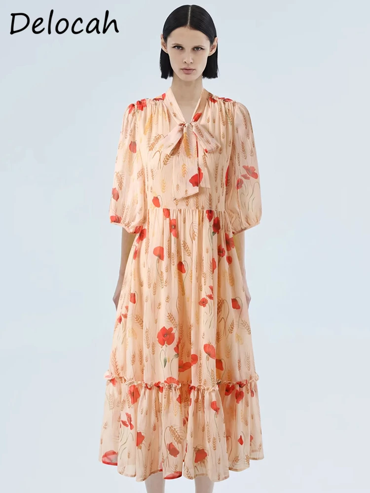 

Delocah High Quality Summer Women Fashion Runway Long Dress Lantern Half Sleeve Wheat Safflower Printed Shirring Ruffles Dresses