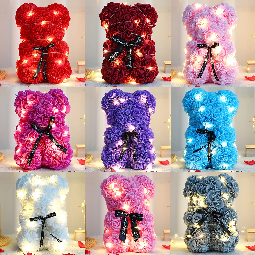 Teddy Rose Bear 25cm Artificial Flower Rose Bear With Box Light Valentine's Day Gift Mom Girlfriend Wedding Birthday Party Decor