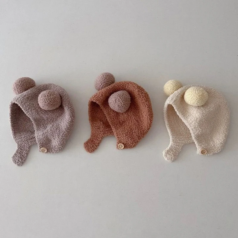 لطيف شتاء دافئ الاطفال الطفل القبعات الصوف هيمينغ قبعات مع الكرة سدادات حماية الأذن القبعات لينة الوليد بونيه للبنين بنات