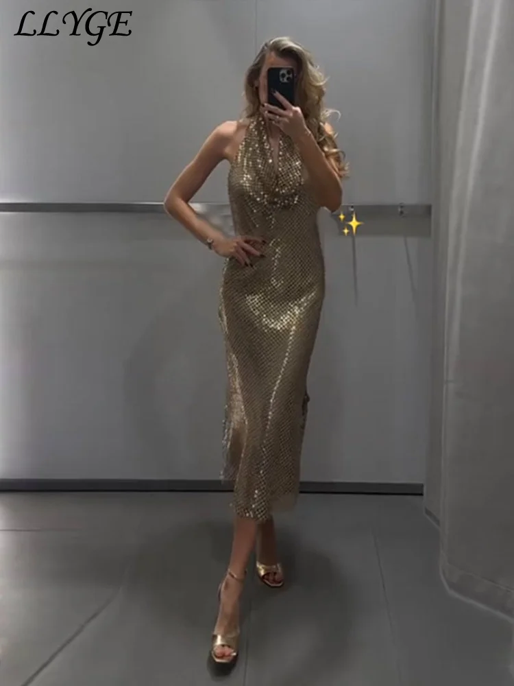 Sexy Sequin Hang Neck Long Party Dress Women Elegant Backless Sleeveless Hip Package Female Dresses 2024 Lady Shiny Evening Gown