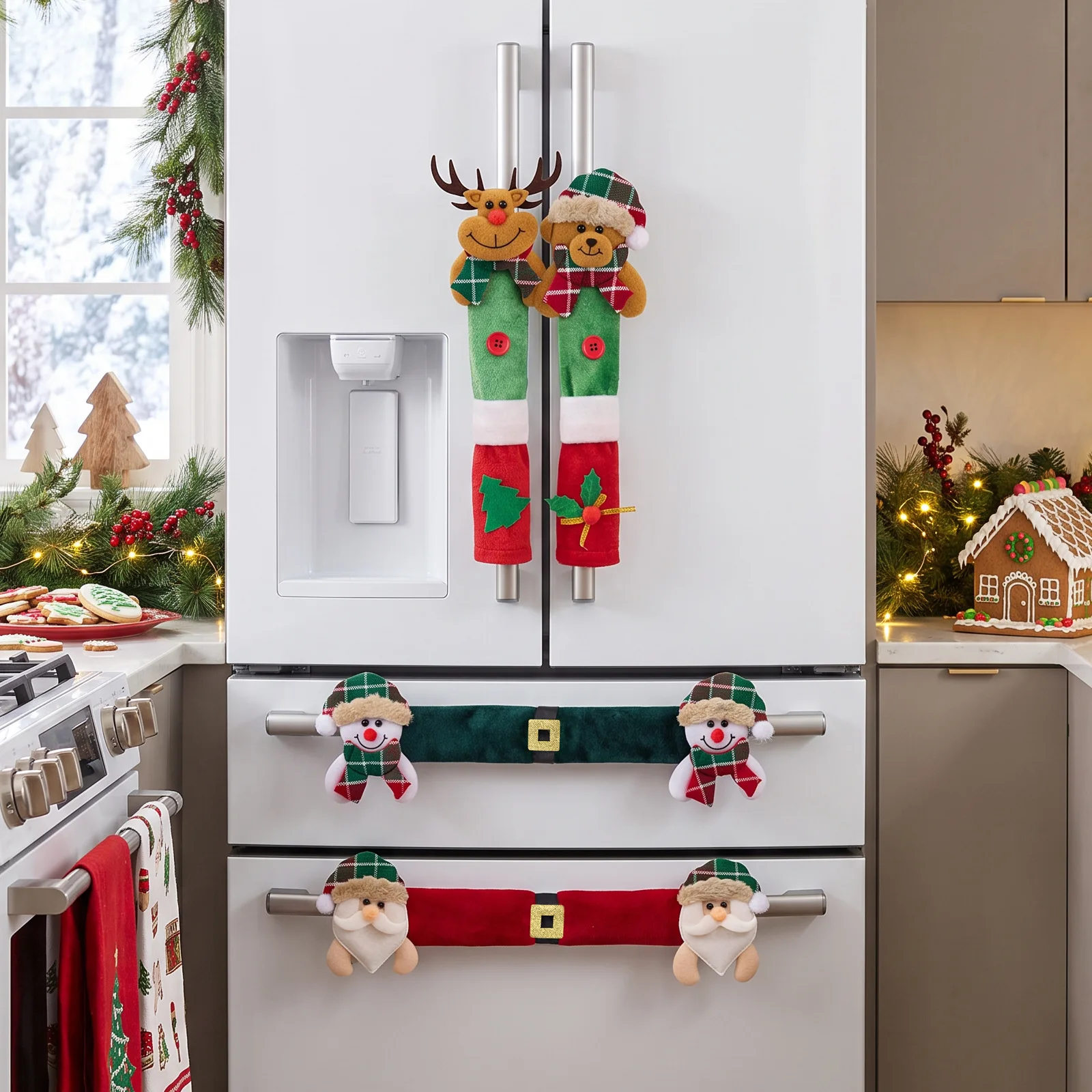 PICKNOW Christmas Fridge Handle Covers, Santa Snowman Reindeer Bear Refrigerator Door Handle Protector, Xmas Kitchen Home Decor