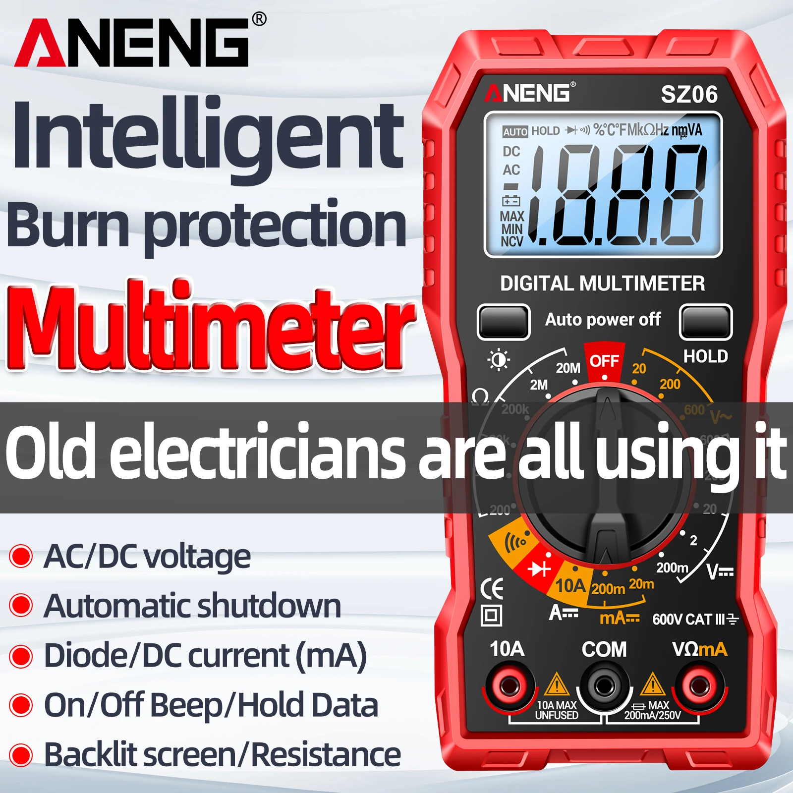 

Professional Multimeter Tester SZ06 Digital Intelligent Mini AC/DC Voltage Multimetro DC Current Diode Backlit Screen Tester Too