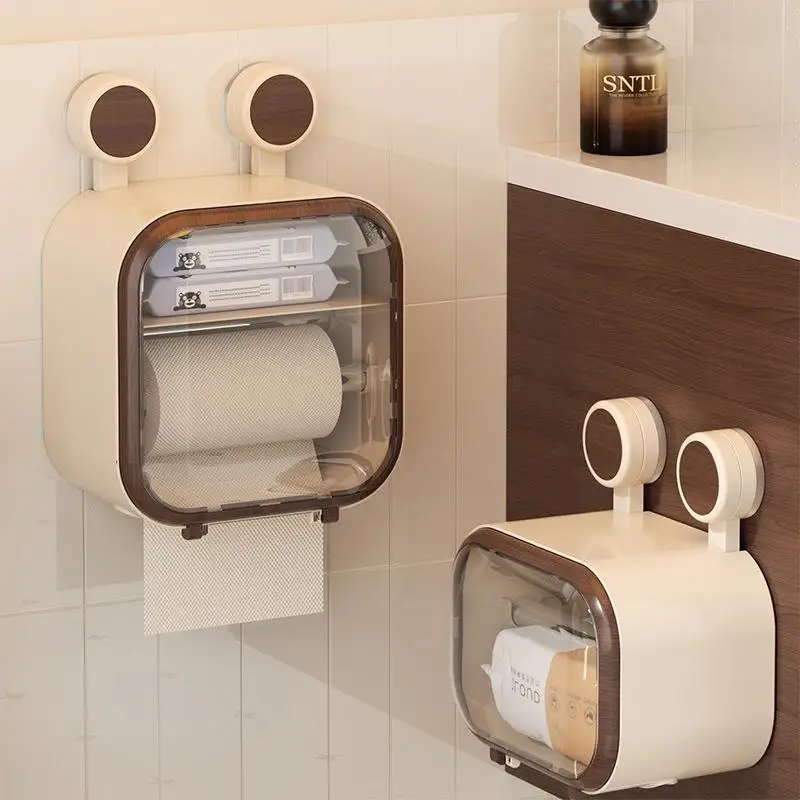 

Suction Cup Toilet Paper Box Waterproof Bathroom Wall Mounted Visible Storage Organizer Luxury Style 3D Stereo PC Material