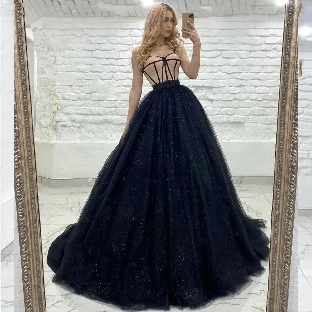 

Angelsbridep Spaghetti Straps Ball Gown Prom Dresses Robes De Soirée Charming Glitter Tulle Party Dresses Vestido De Graduación