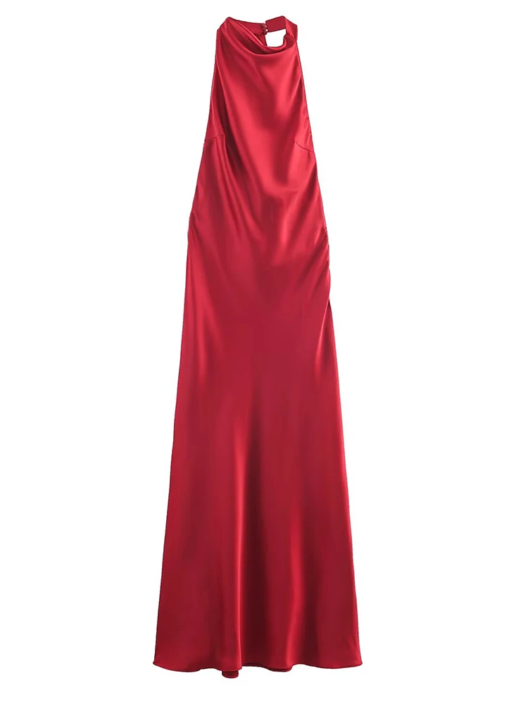 Frauen Sexy Elegante Satin Halter Langes Kleid 2025, Sommer Neue Mode Ärmellose Backless Falten Kleider Frauen Abend Party Kleid