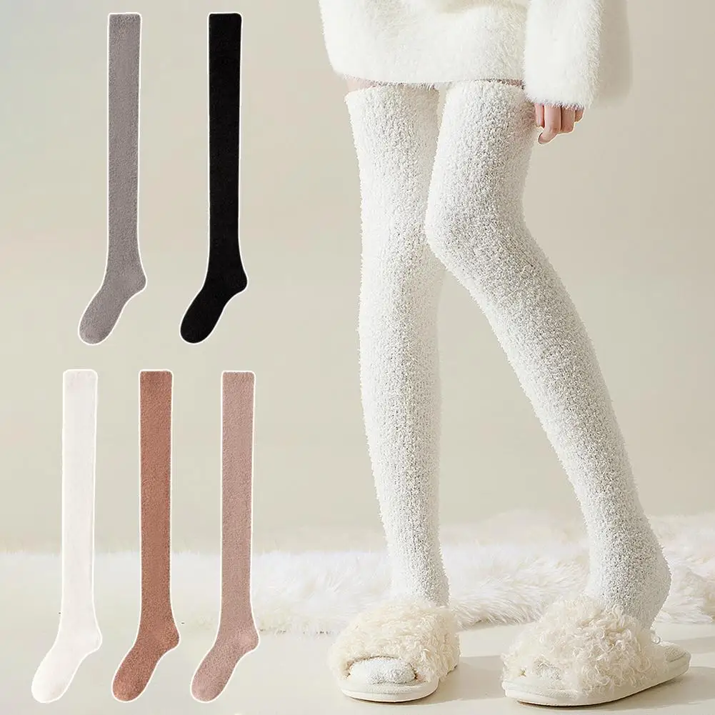 Winter Warm Coral Fleece Over-knee High Socks for Women Plush Home Sleep Floor Long Socking Jk Solid Soft Thigh High Fun So Z9K0