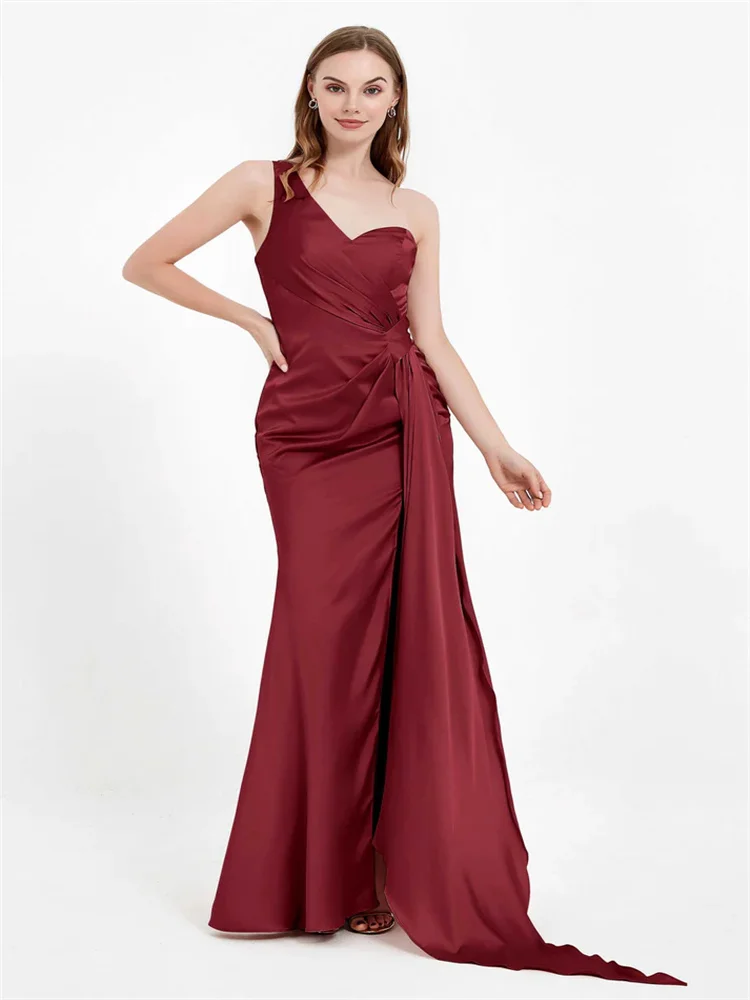 

Hot Selling One Shoulder Neckline Sleeveless Stretch Satin Sheath Evening Dress Open Back Zipper Floor Length Gown For Women