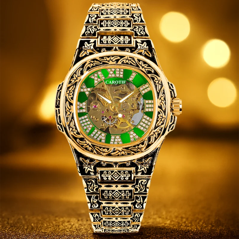 

A men's gold steel strap vintage trend gold shell green side Roman numeral fully automatic mechanical watch