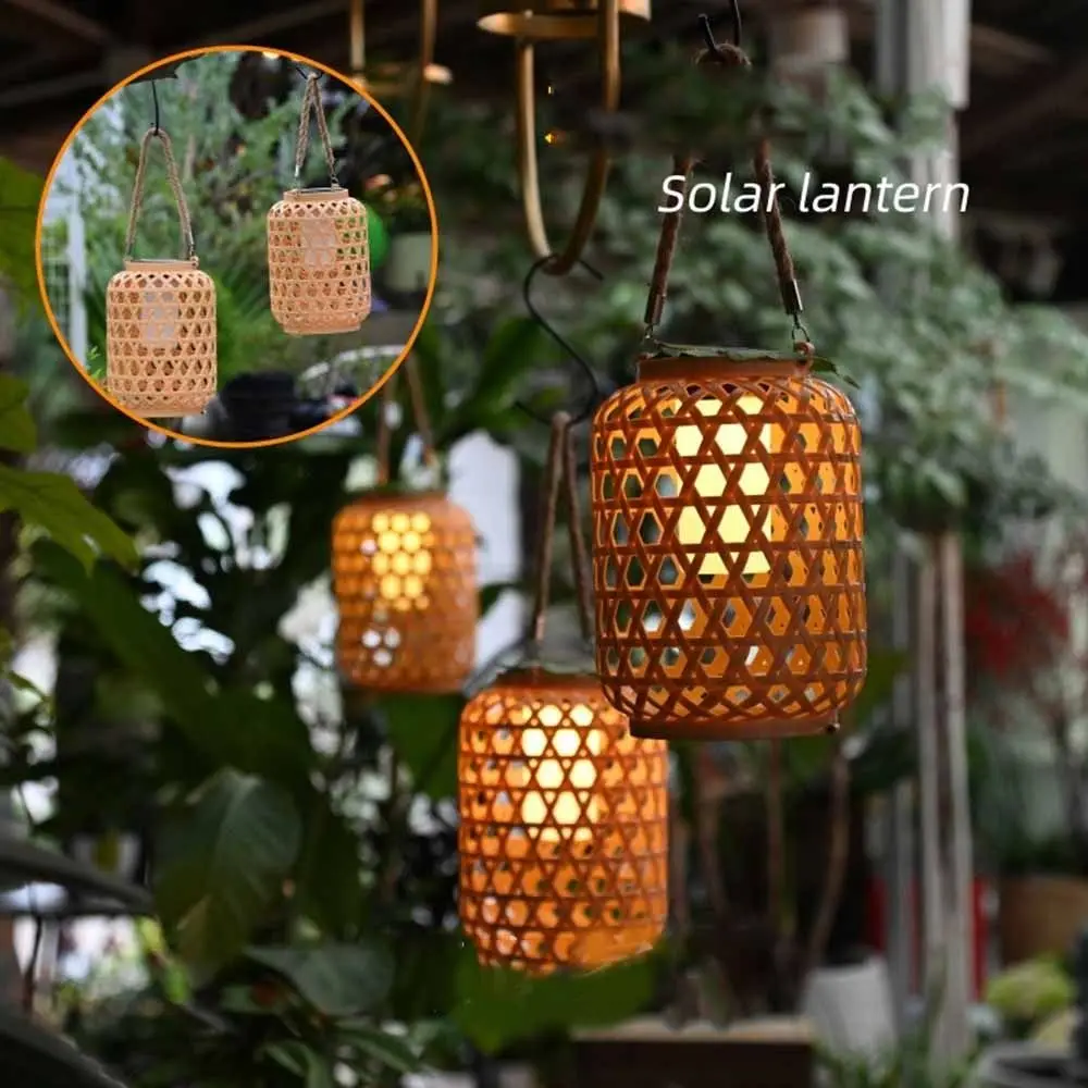 Hanging Imitation Bamboo Woven Lanterns Handmade Atmosphere Woven Solar Lanterns Chinese Style ABS Woven Wind Lamps Outdoor